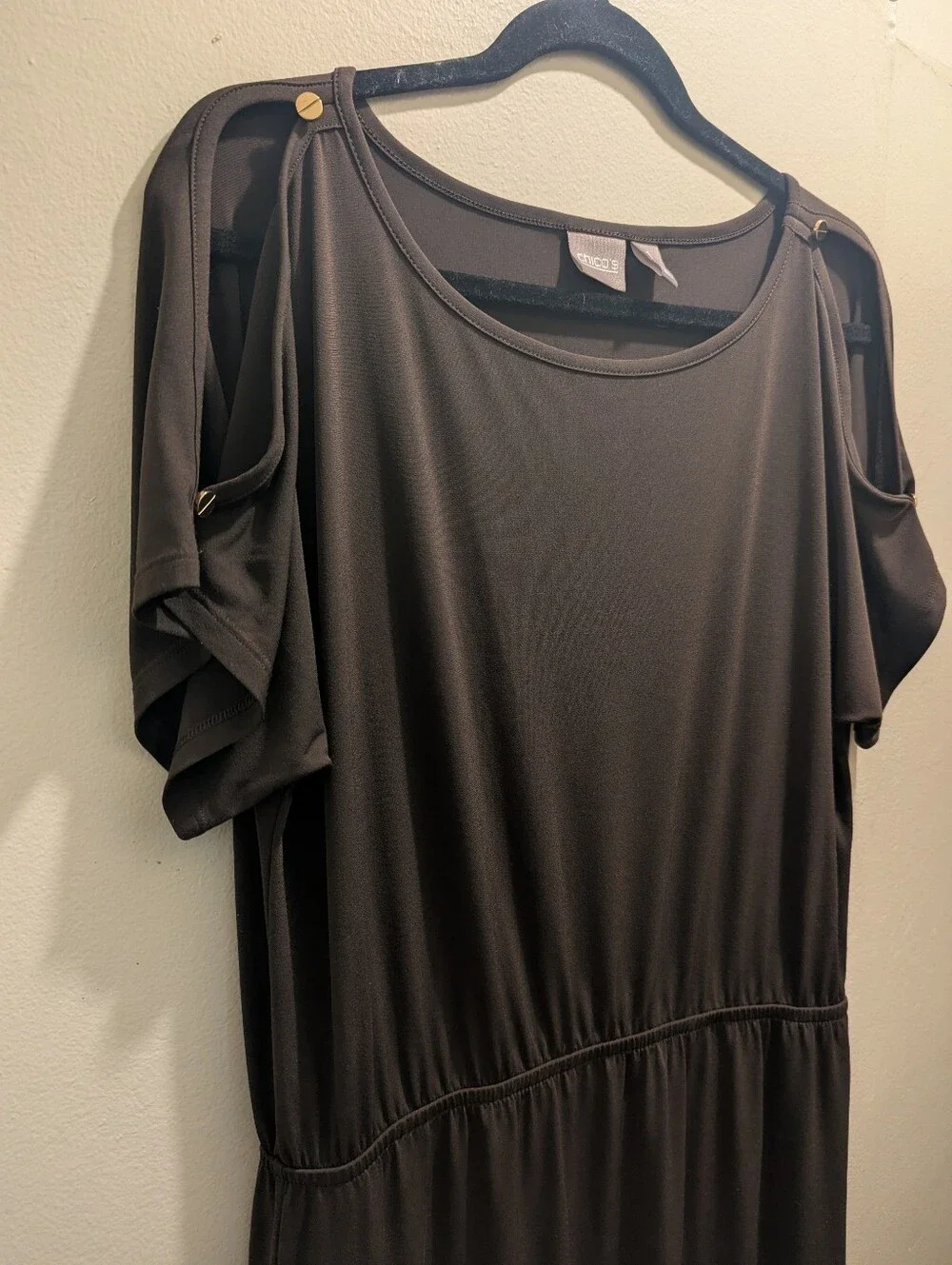 CHICO'S Francine Split Slv Maxi DRESS SOLID ROCKLEDGE BROWN- 1 (M/8)
